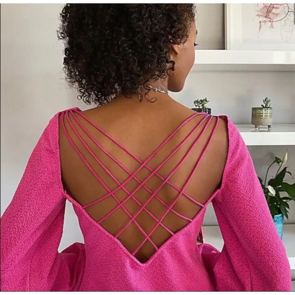 Free People Strappy‎ Back Textured Top S Pink Long Sleeve Criss Cross Trendy NEW